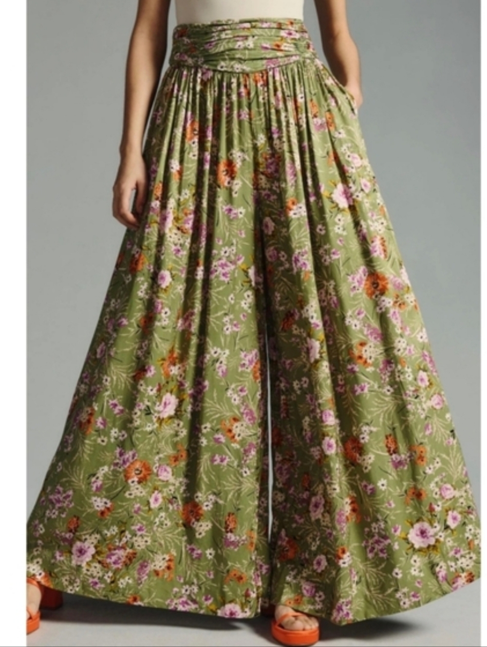 Anthropologie High-Waist Green Floral Wide-Leg Pants